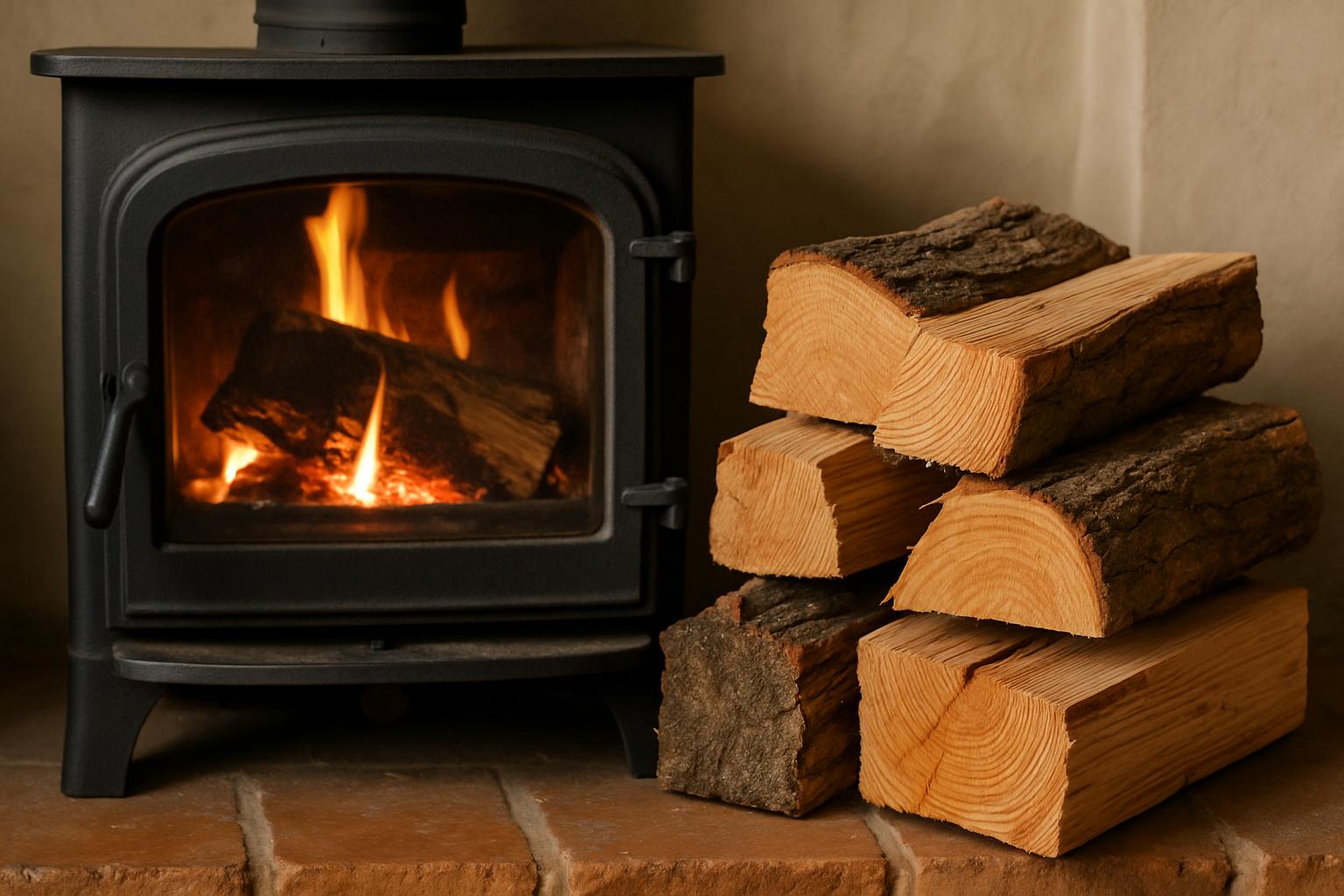 Wood burning stove installed in a bright, panelled interior